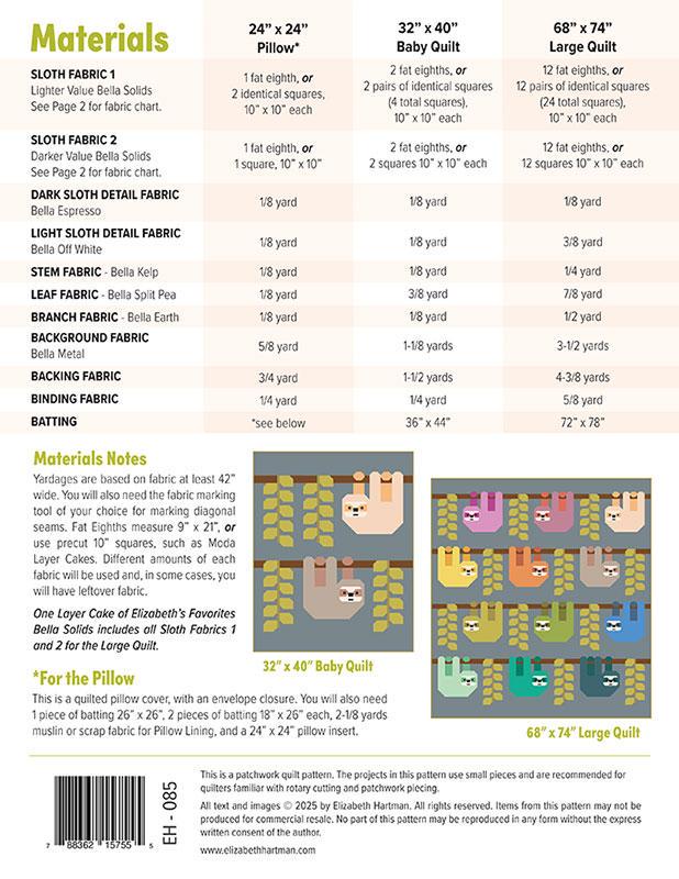 Snuggly Sloths Quilt & Pillow Pattern by Elizabeth Hartman EH-085